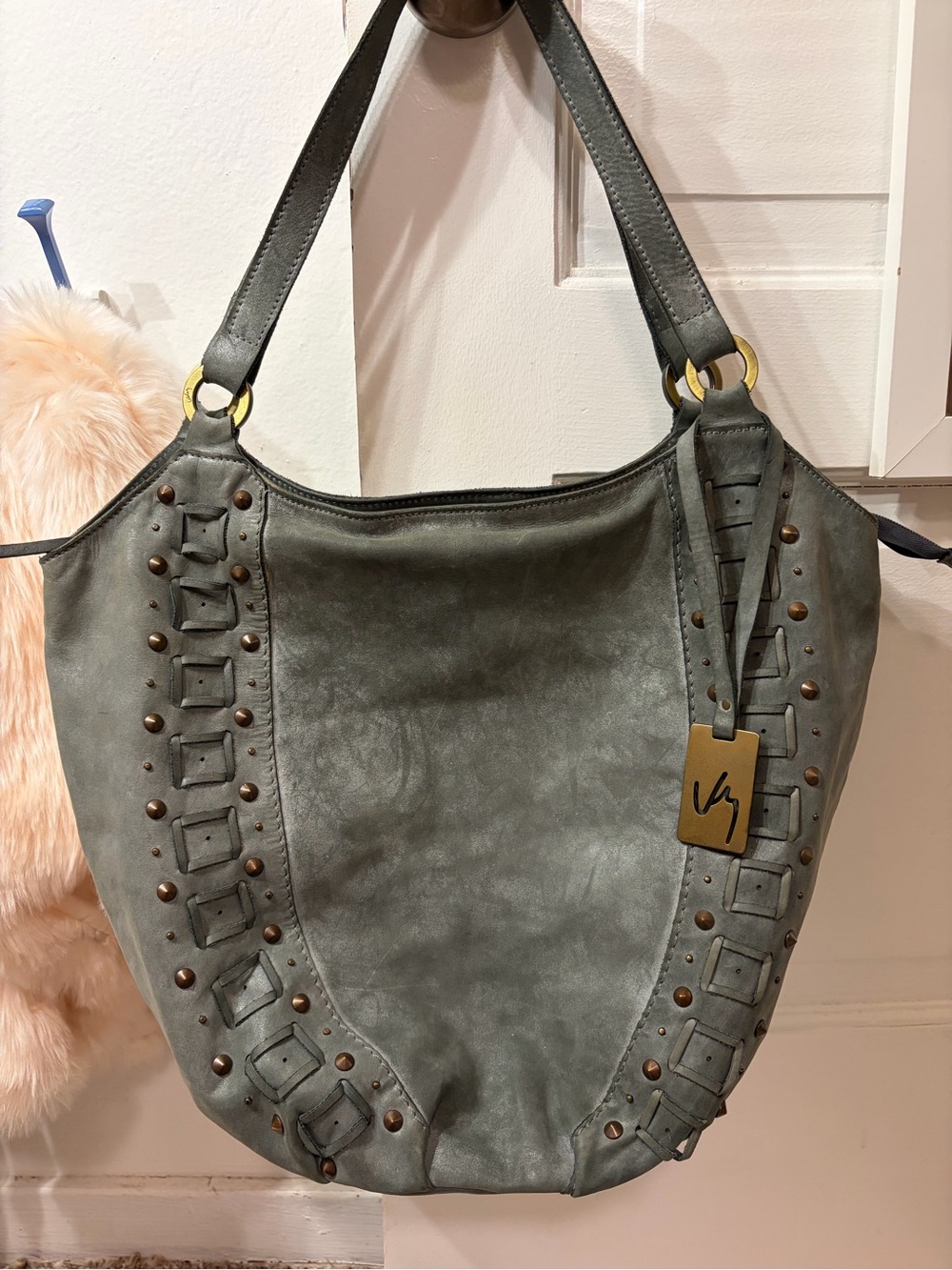 Studded Detail Green Hobo Tote - Unbranded